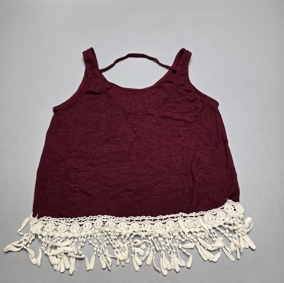 rue21 maroon crop top with crochet tassels women's size large - Picture 5 of 7